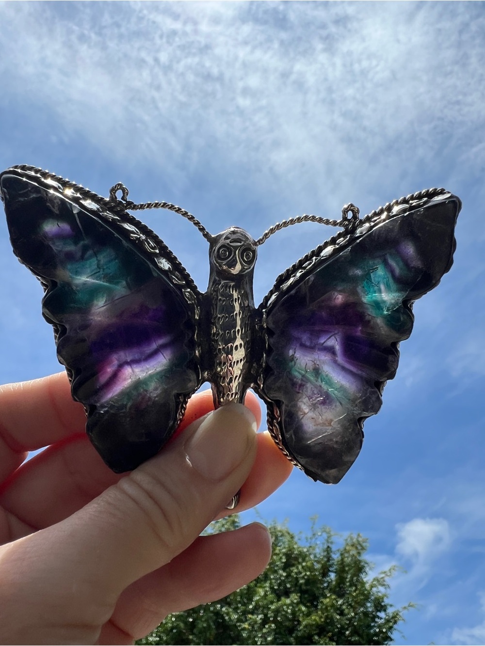 Tibetan Silver fluorite Gemstone Butterfly Pendant Necklace